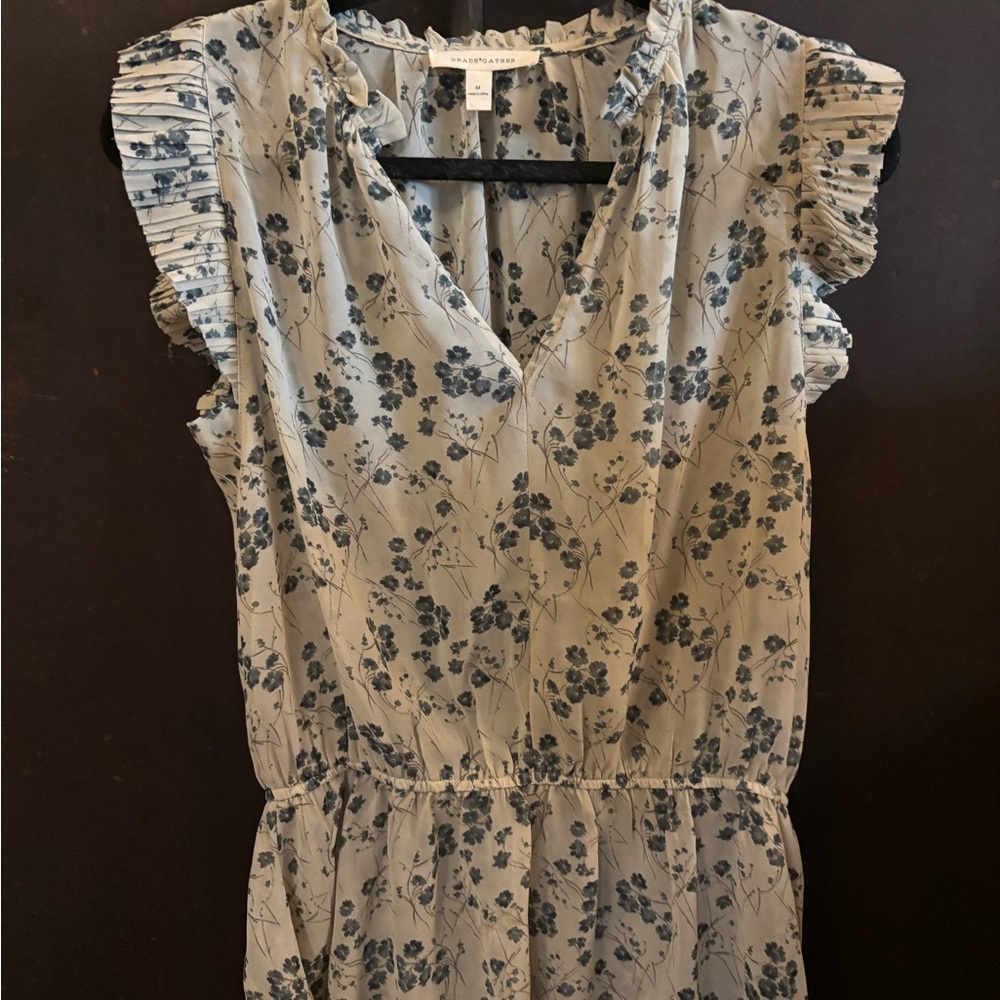 Floral Ruffle Sleeve Blouse - Blue